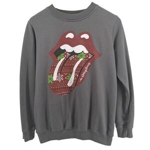 Rolling Stones Christmas Sweatshirt M Gray Crewneck Holiday Graphic Tongue Logo‎